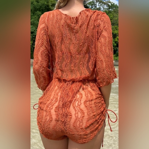 2/$50 Rust Burnt Orange Sheer Summer Beach Bikini Set Drawstring Cover Up - Picture 2 of 7